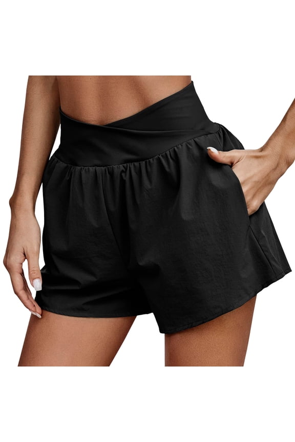 Womens Athletic Shorts Crossover High Waisted Running Shorts Loose Fit Quick-Dry Sport Workout Gym Shorts with Pocket
