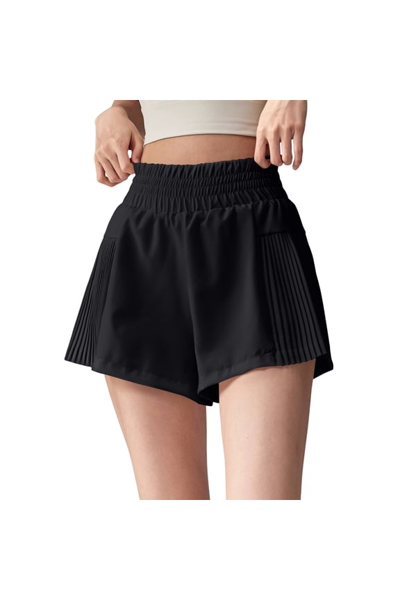 Womens Athletic Shorts Solid Color Lightweight Elastic Waist Running Shorts for Active Sports with Pleated Black