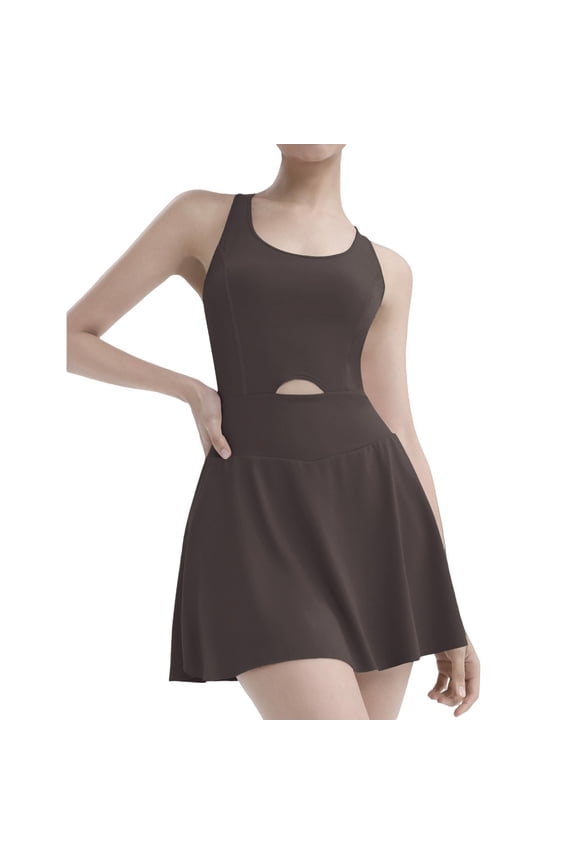 Womens Athletic Tennis Dress with Shorts Cut Out Racerback One Piece Golf Tank Rompers Workout Summer Clothes 2025 (L, Khaki)