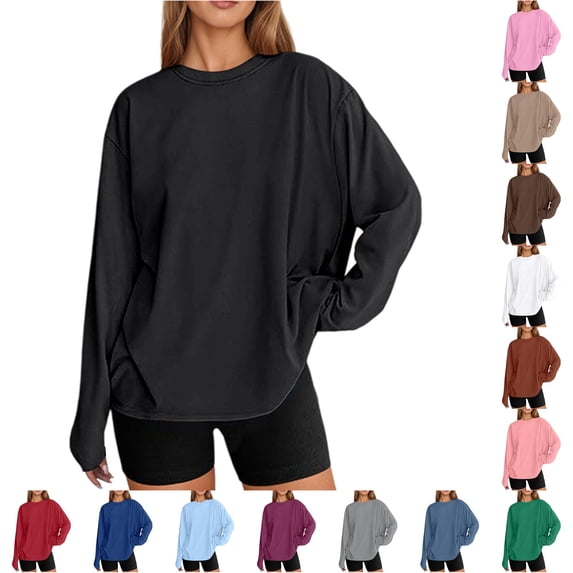 Womens Athletic Tops Fashionable Oversized Long Sleeve T Shirt Casual Basic Round Neck Fall Top For Everyday Wear Black M