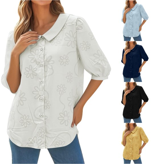 Womens Athletic Tops Floral Embroidered Button Down Shirt Loose Fit Casual Summer Blouse Top for Women White M