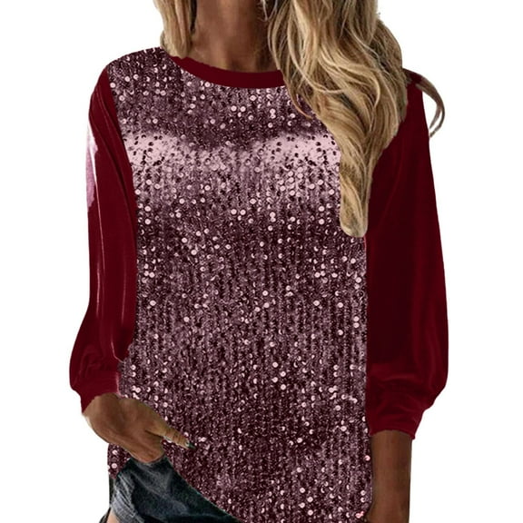 Womens Athletic Tops Shirts New V Neck Shiny Sequin Elegant Sequin Long Sleeve Loose Version Of Sequin Womens Golf Shirt,Red,3XL
