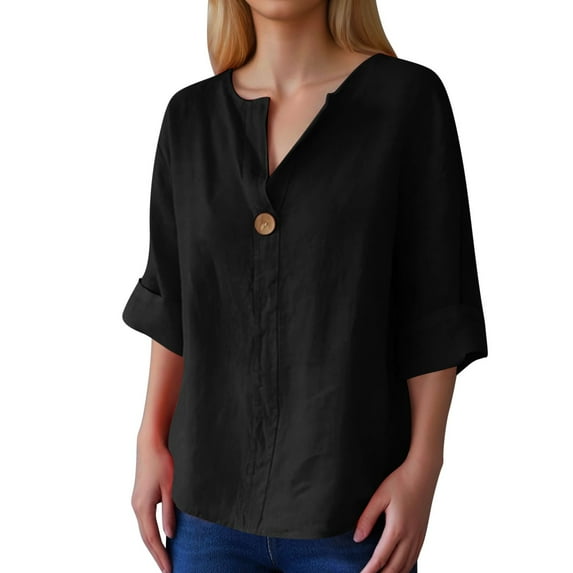 Womens Athletic Tops Shirts V Neck Button Down Loose Button Solid Color Short Sleeved Womens Clothes,Black,L