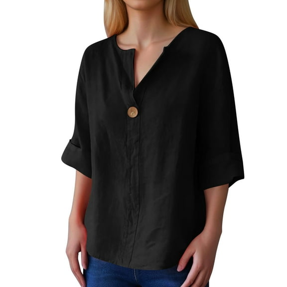 Womens Athletic Tops Shirts V Neck Button Down Loose Button Solid Color Short Sleeved Womens Clothes,Black,L