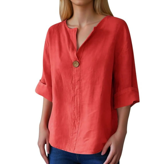 Womens Athletic Tops Shirts V Neck Button Down Loose Button Solid Color Short Sleeved Womens Tee Shirts,Red,3XL