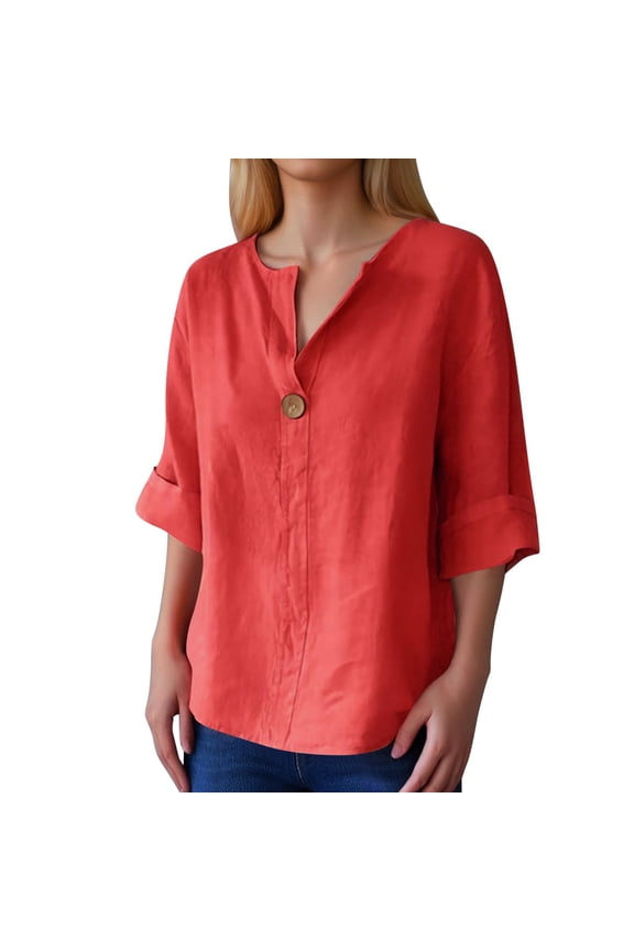 Womens Athletic Tops Shirts V Neck Button Down Loose Button Solid Color Short Sleeved Womens Tee Shirts,Red,3XL
