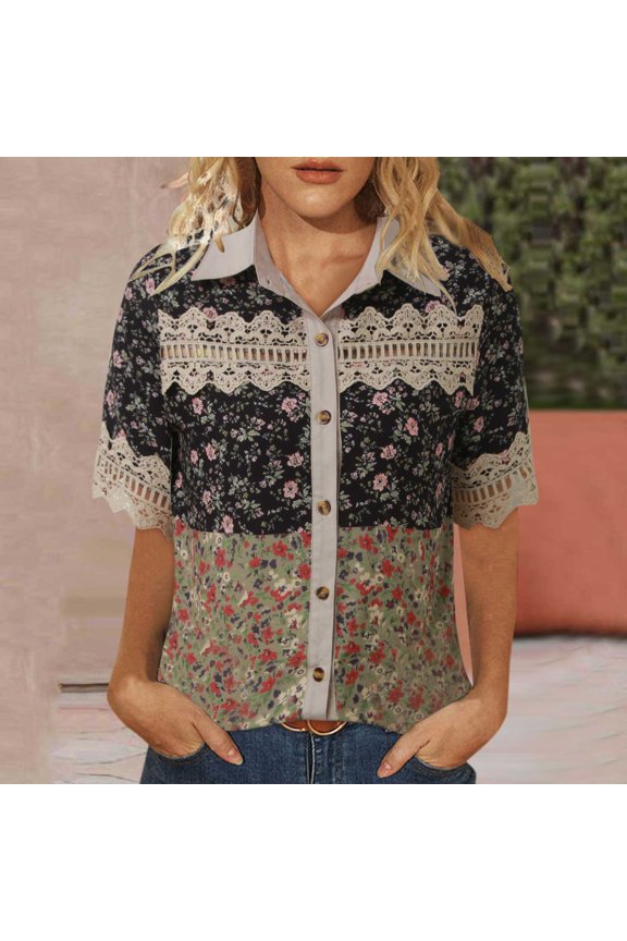 Womens Athletic Tops Women Fashion V Neck Button Up Cardigan Spliced Short Sleeve Casual And Versatile Shirt For Everyday Wear Beige L