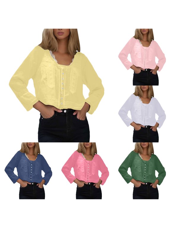 Womens Athletic Tops Women Lace Front Top with Long Sleeve Button Up Chiffon Cardigan for Boho Peplum Go-To Going Out Shirts Yellow S