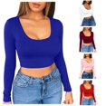thumbnail image 1 of Womens Athletic Tops Women Solid Color Bottom Shirt Short Cut Low With Navel Tight Fitting Long Sleeved T Shirt Blue M, 1 of 4