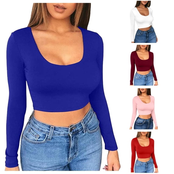 Womens Athletic Tops Women Solid Color Bottom Shirt Short Cut Low With Navel Tight Fitting Long Sleeved T Shirt Blue M