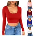 thumbnail image 1 of Womens Athletic Tops Women Solid Color Bottom Shirt Short Cut Low With Navel Tight Fitting Long Sleeved T Shirt Red M, 1 of 4