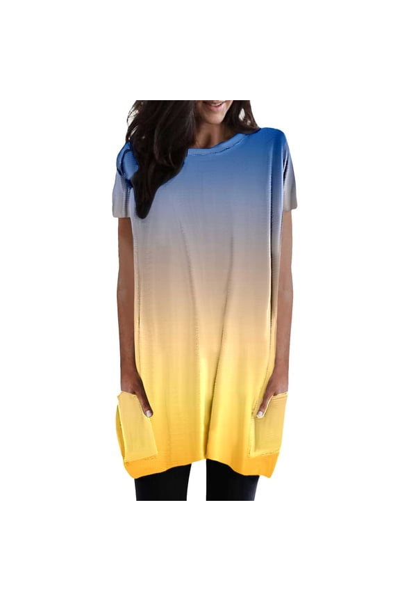 Womens Athletic Tops Women Summer Casual Loose Pullover Round Neck Short Sleeve Tunic Top with Pockets for Women Shirt Yellow M