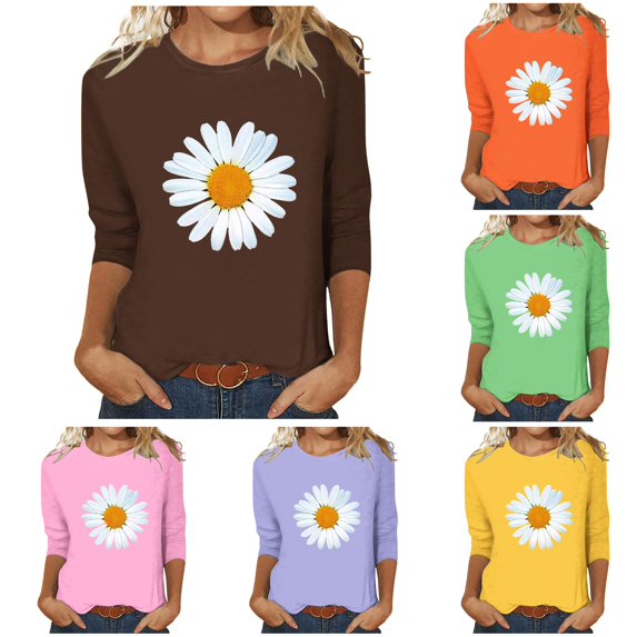 Womens Athletic Tops Women's Casual Loose 3/4 Sleeve Print T Shirt Brown L