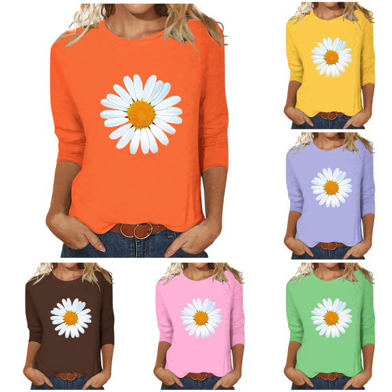 Womens Athletic Tops Women's Casual Loose 3/4 Sleeve Print T Shirt Orange XL
