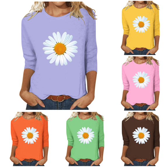 Womens Athletic Tops Women's Casual Loose 3/4 Sleeve Print T Shirt Purple L