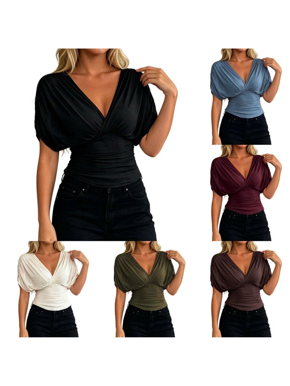 Womens Athletic Tops Women's Casual V Neck Summer Crop Top With Flutter Sleeves Waist Definition Solid Tee Black M