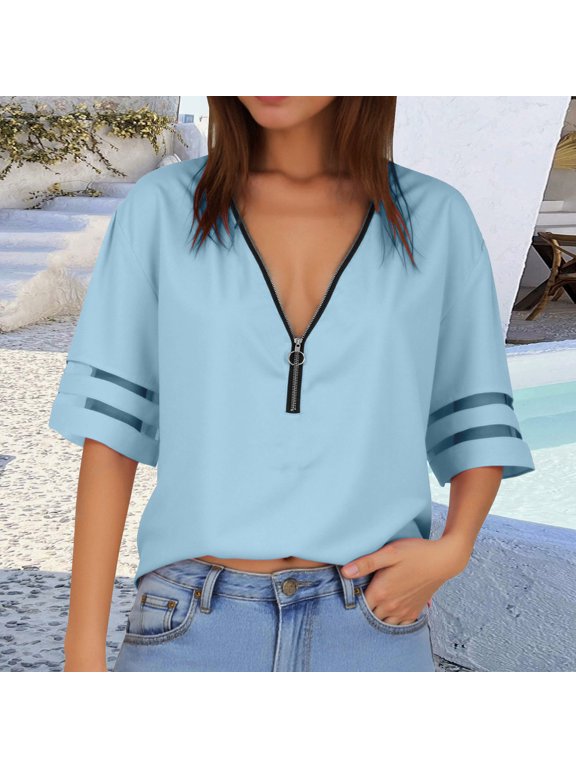 Womens Athletic Tops Women's Casual Zip Neck T Shirt Loose Fit Mesh Half Sleeve Pullover Top for Everyday Comfort and Stylish Wear Blue XXL