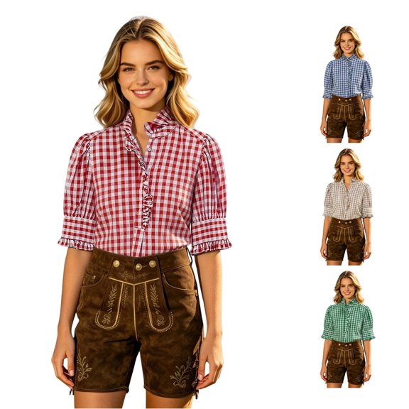 Womens Athletic Tops Women's Checkered Button Front Blouse With Puffy Short Sleeves Styled Shirt Red 3XL