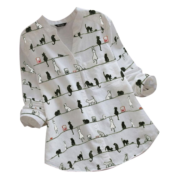 Womens Athletic Tops Women's Loose Casual Cat Print V-Neck Blouse Long Sleeve Button Top Shirt White M