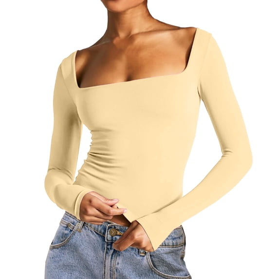 Womens Athletic Tops Women’s T Shirt Top for Women Elegant Long Sleeve Crop Square Neck Basic Slim Fit Top for Everyday Comfort and Modern Style Yellow M