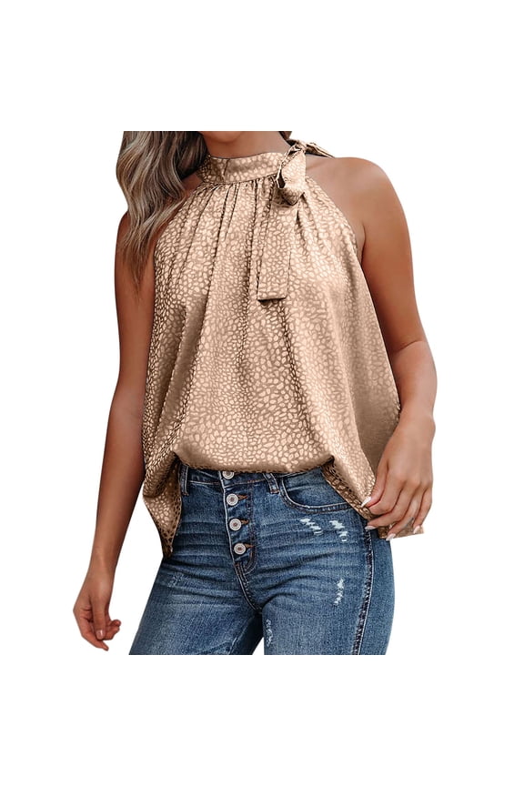 Womens Athletic Tops Women's T-Shirts European And Women's Summer Neck Bow Leopard Print Sleeveless Vest Versatile Casual Top for Everyday Wear Brown M
