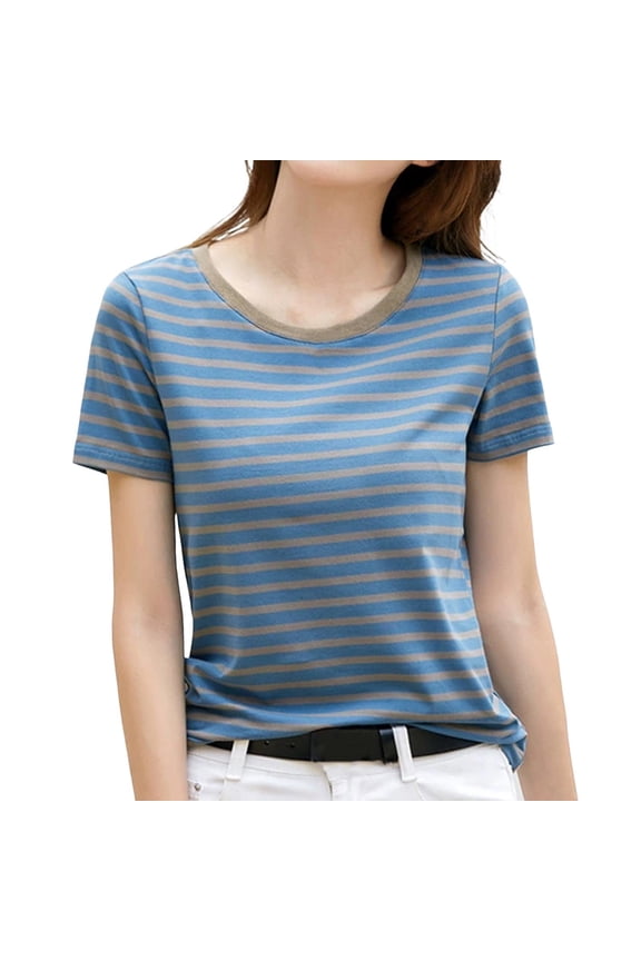 Womens Athletic Tops Women's T-Shirts Korean Style Loose Fit Round Neck Short Sleeve Top with Striped Design and Color Contrast Craftsmanship for Everyday Wear Blue S