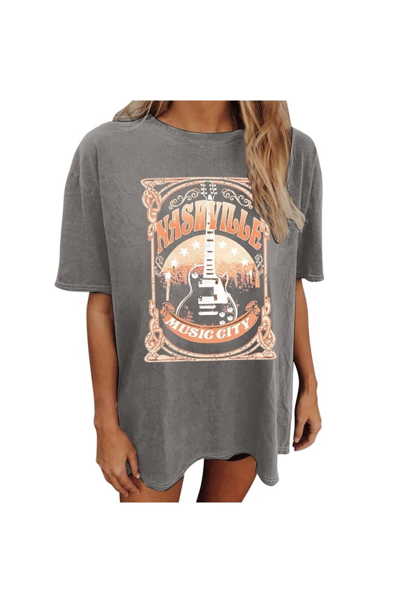 Womens Athletic Tops Women's T-Shirts | Oversized Rock Band Tee for Women Country Music Top with Guitar Graphic | Music City Graphic Tee Gray XXL