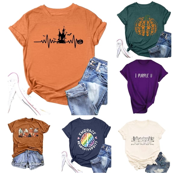 Womens Athletic Tops Women’s T-Shirts Practical Style Omen Casual Animal Print Round Neck Short Sleeve Tee for Everyday Comfort and Versatile Wear Orange M