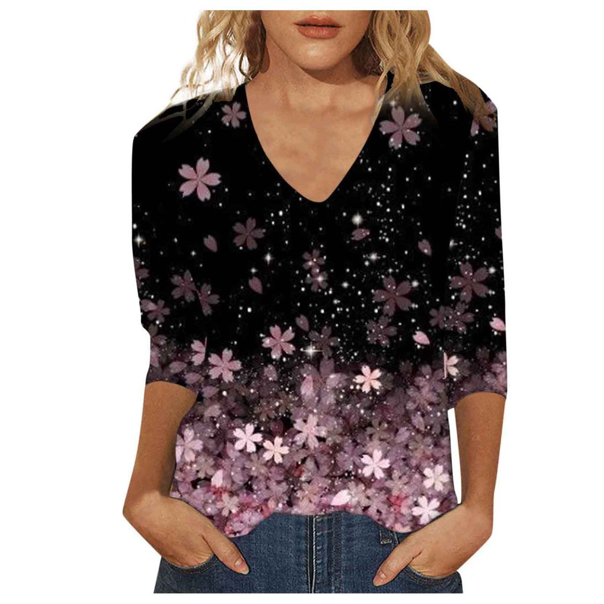 Womens Athletic Tops Womens T-Shirts Women Floral Print Three Quarter Sleeve V Neck Casual Temperament Top Pink L