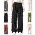thumbnail image 1 of Womens Athletic Windbreaker Cargo Pants Drawstring Multi Pocket Breathable Casual Solid Outdoor Pants, 1 of 6