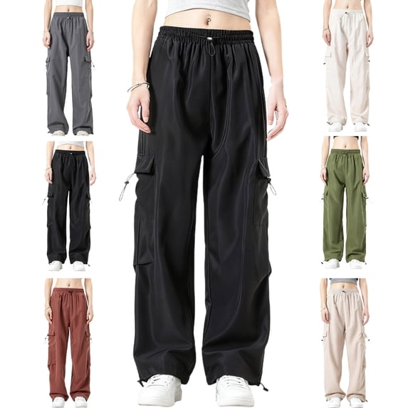 Womens Athletic Windbreaker Cargo Pants Drawstring Multi Pocket Breathable Casual Solid Outdoor Pants