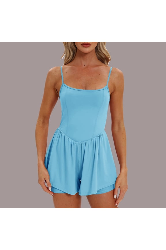 Womens Athletic Workout Romper Summer Casual Spaghetti Strap Double Lined Short Jumpsuits One Piece Tennis Outfits, Limited Time Under 10 Dollars