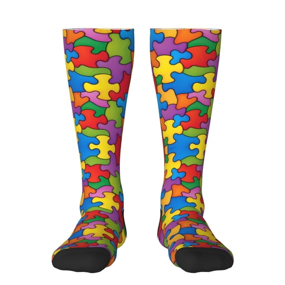 Womens Autism Awareness Puzzle Piece Pattern Knee High Socks Comfy Thermal Boot Long Socks
