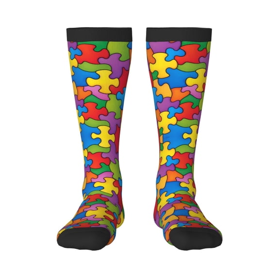 Womens Autism Awareness Puzzle Piece Pattern Knee High Socks Comfy Thermal Boot Long Socks