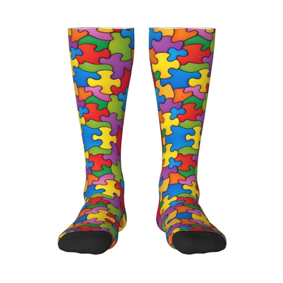 Womens Autism Awareness Puzzle Piece Pattern Knee High Socks Comfy Thermal Boot Long Socks