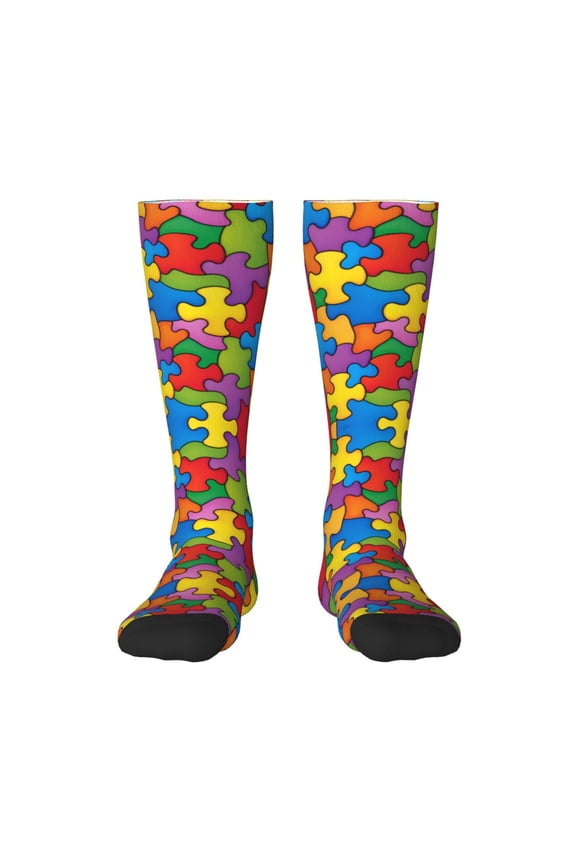 Womens Autism Awareness Puzzle Piece Pattern Knee High Socks Comfy Thermal Boot Long Socks