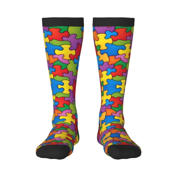 Womens Autism Awareness Puzzle Piece Pattern Knee High Socks Comfy Thermal Boot Long Socks