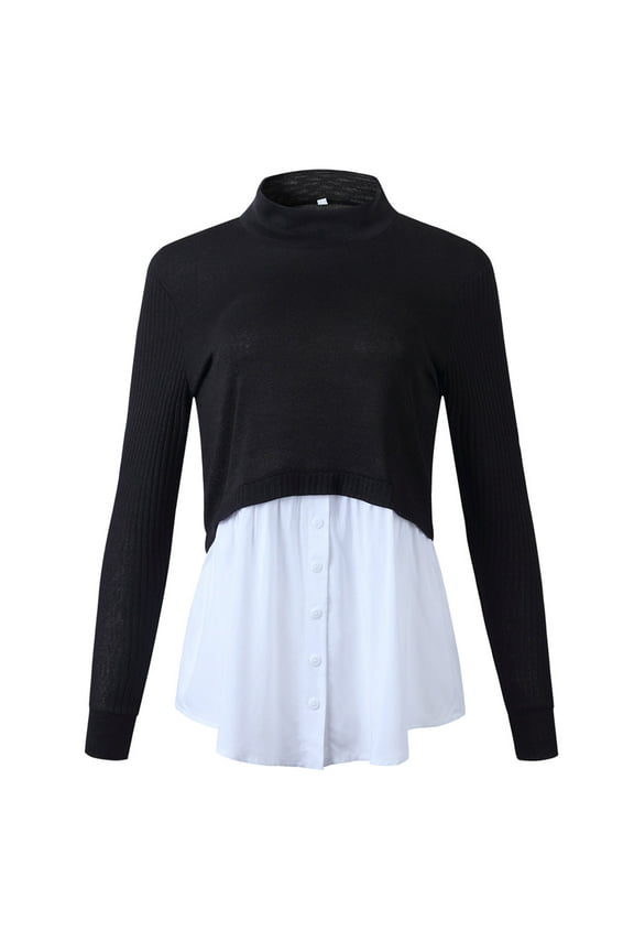 Womens Autumn 2 In 1 Patchwork Pullover Tops Ribbed Knitted Long Sleeve Sweater Button Down Layered Shirt Blouse Hem Office Lady Jumper Streetwear