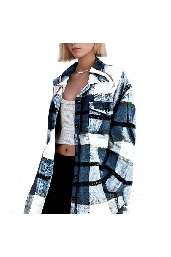 Womens Autumn AND Winter Flannel Shirt Oversized Pocket Checkered Long Sleeve Womens Shirts Tank,Navy,L