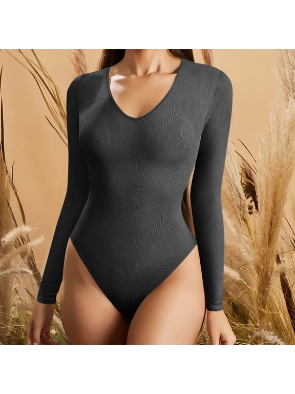 Womens Autumn Bodysuit Stretchy Thong Bottom Ribbed Knit Body Suits Casual One Piece Slimming Long Sleeve Romper, Black, XL