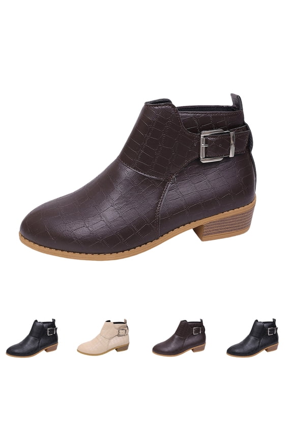 Womens Autumn Winter Chelsea Boots Pointed Toe Croc Embossed Upper Side Buckle Low Heel Ankle Booties