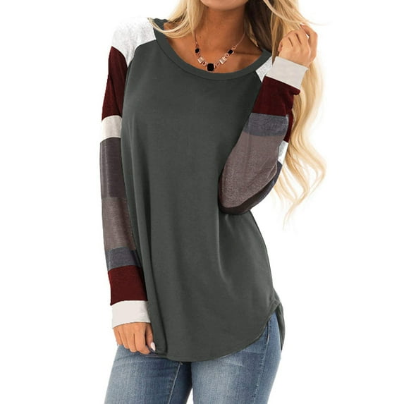 Womens Autumn Winter Colorblock Long Sleeve Tunic Tops Ladies Casual Loose Blouse Pullover T Shirt