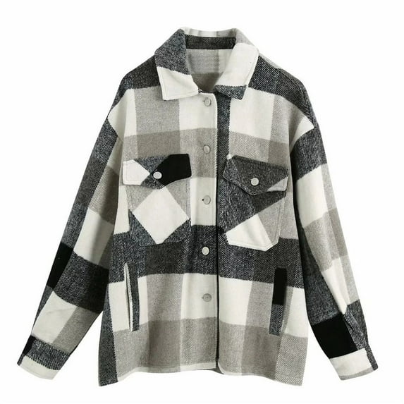Womens'Autumn and Winter Fashion Plaid Jackets Plus Size Casual Plaid Turndown Button Cardigan Coat