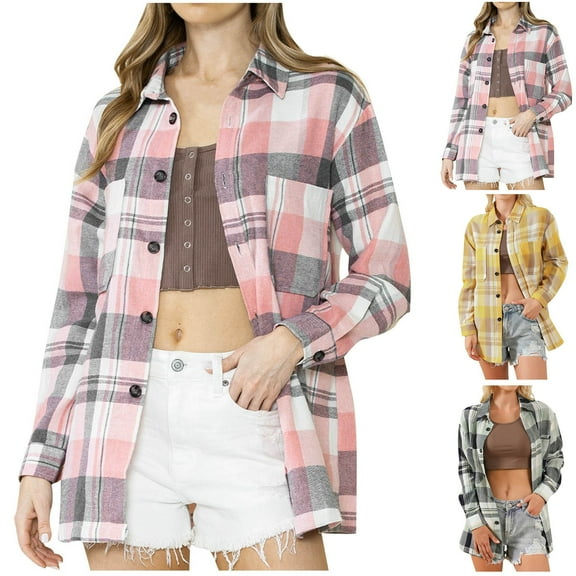 Womens'Autumn and Winter Fashion Plaid Jackets Plus Size Casual Tops Loose Plaid Printed Long-Sleeved Lapel Tops/Shirts Up to 65% off!