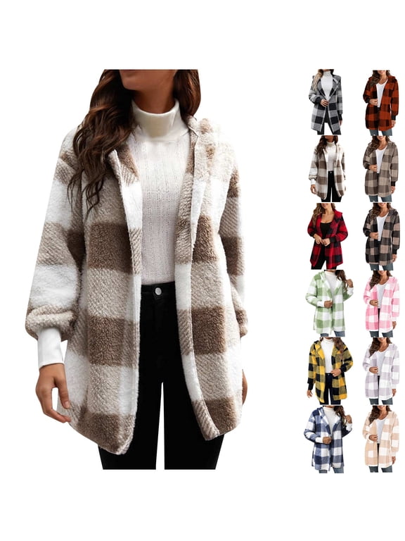Womens'Autumn and Winter Fashion Plaid Jackets Plus Size Coat Long Sleeve Plaid Faux Shearling Oversized Jacket