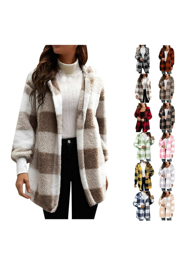Womens'Autumn and Winter Fashion Plaid Jackets Plus Size Coat Long Sleeve Plaid Faux Shearling Oversized Jacket