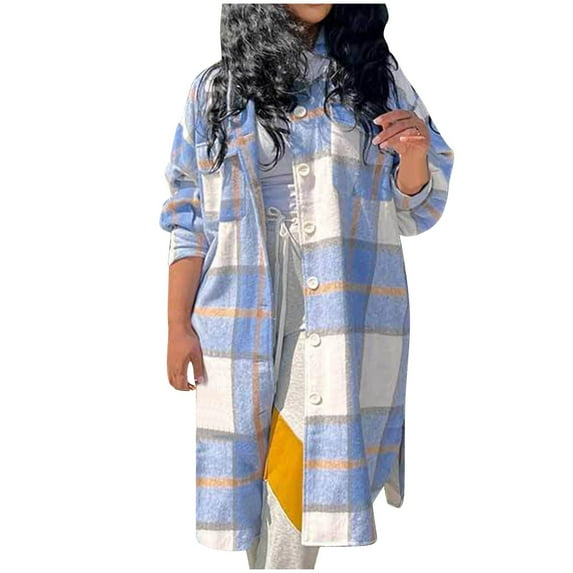 Womens'Autumn and Winter Fashion Plaid Jackets Plus Size Turn Down Collar Long Sleeve Casual Coat Cardigan Blouse