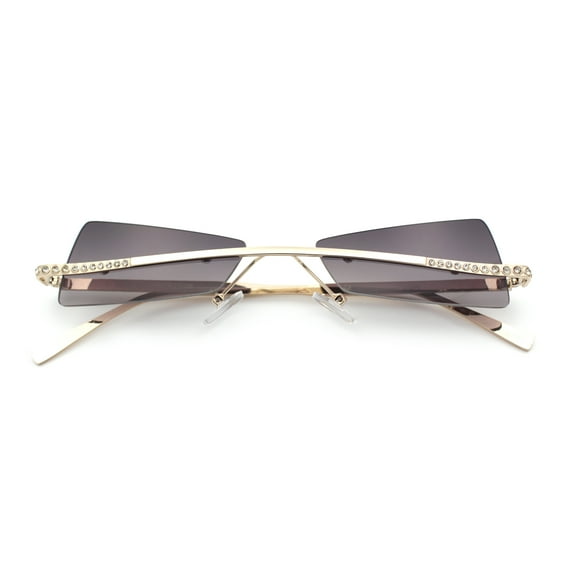 Womens Avant Garde Jewel Rhinestone Cross Bar Metal Rimless Rectangle Sunglasses Gold - Smoke