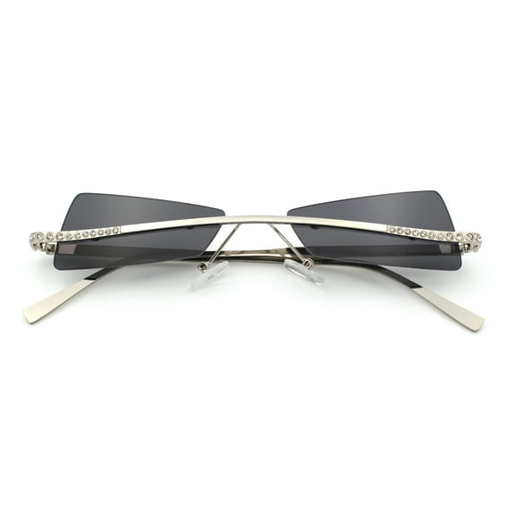 Womens Avant Garde Jewel Rhinestone Cross Bar Metal Rimless Rectangle Sunglasses Silver - Black
