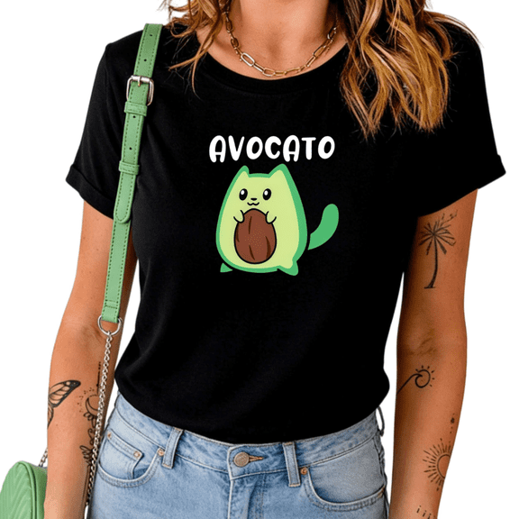 Womens Avocato Print Oversized Black T-Shirt Funny Avocado Cat Pun Graphic Food Pet Lover Casual Daily Wear Top S-5XL